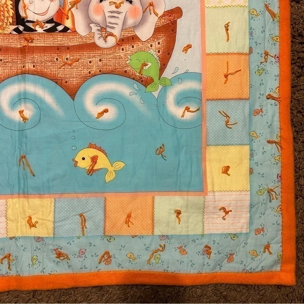 Noah’s Ark Quilt Handmade 36”x45” Orange Blue Baby Gender Neutral Nursery